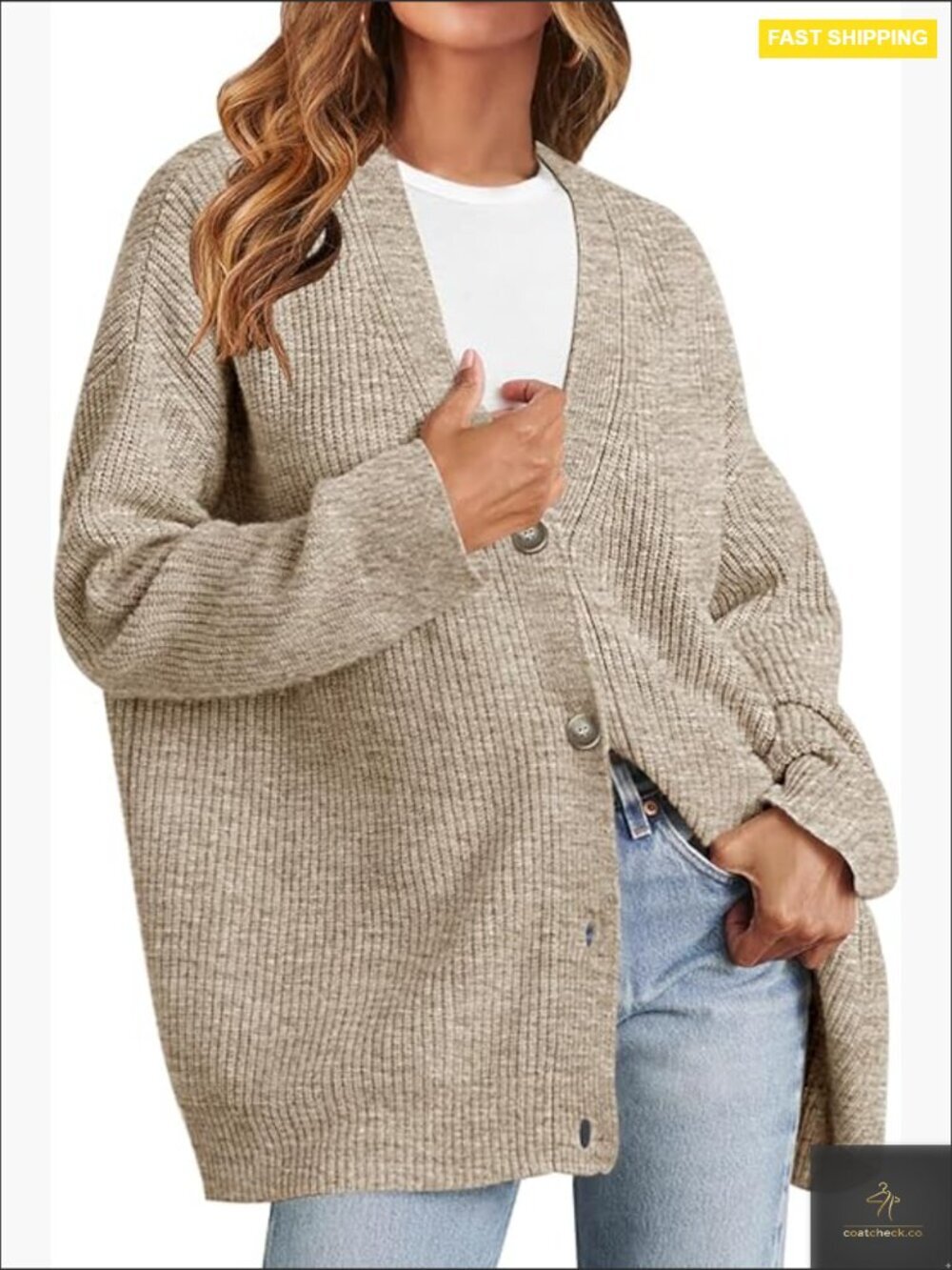Oversized V Neck Cardigan Sweater Open Front Button Down Long Sleeve Knit